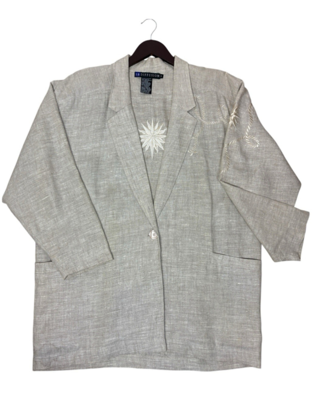 LB Diffusion Vintage Linen Beige Embroidered Blazer Jacket Lagenlook Size 12 L